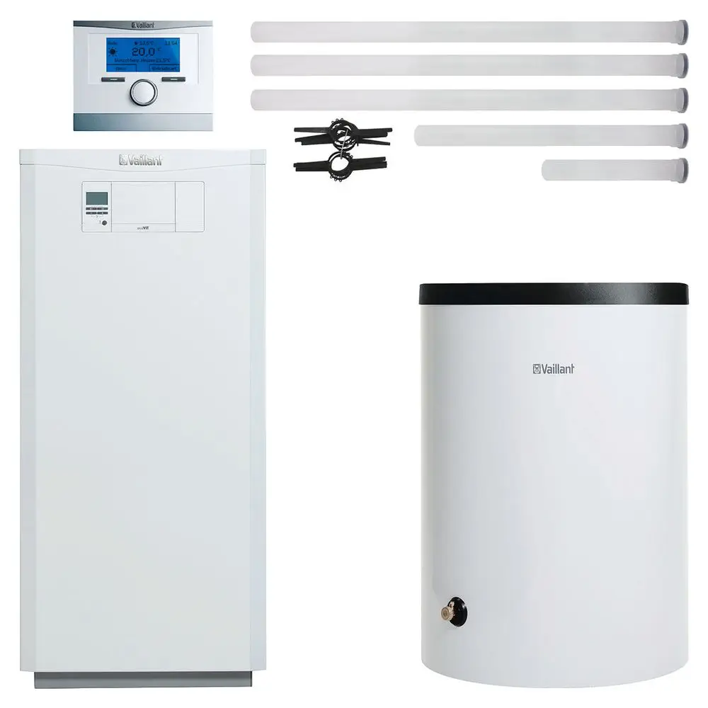 Vaillant Heizgerät mit dazugehörigem Speicher, Steuerungseinheit und Montagezubehör auf heller Fläche.